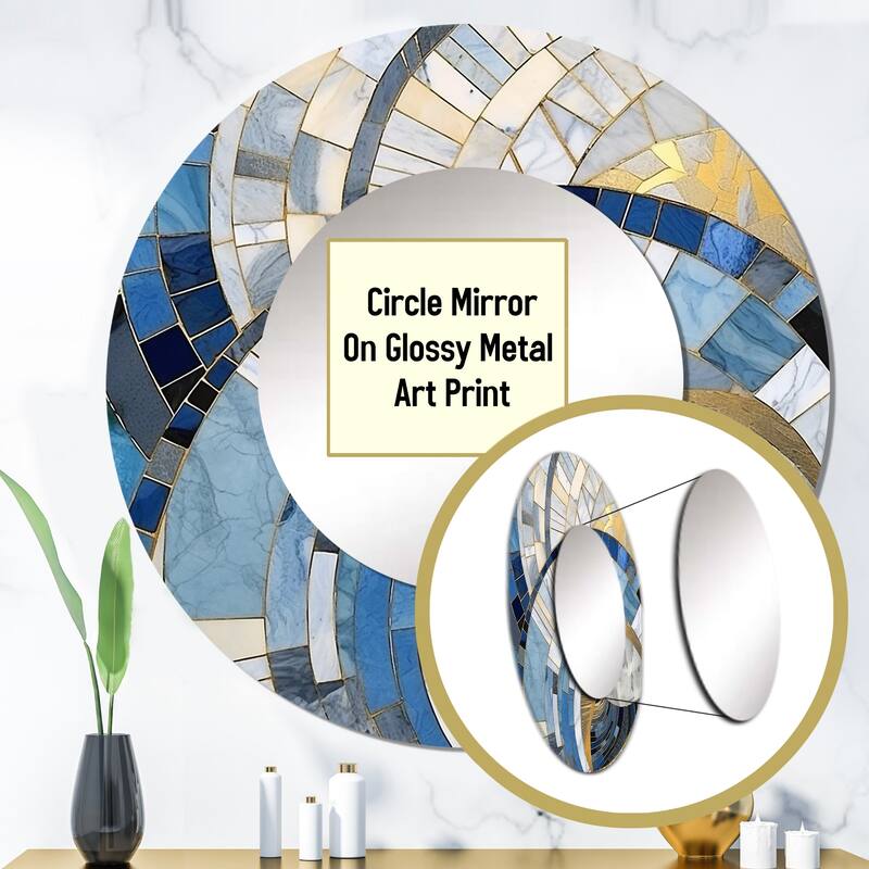 Designart "Gold Constructing Blue Realms I" Abstract Shapes Round Mirror - Modern Blue Living Room Mirror