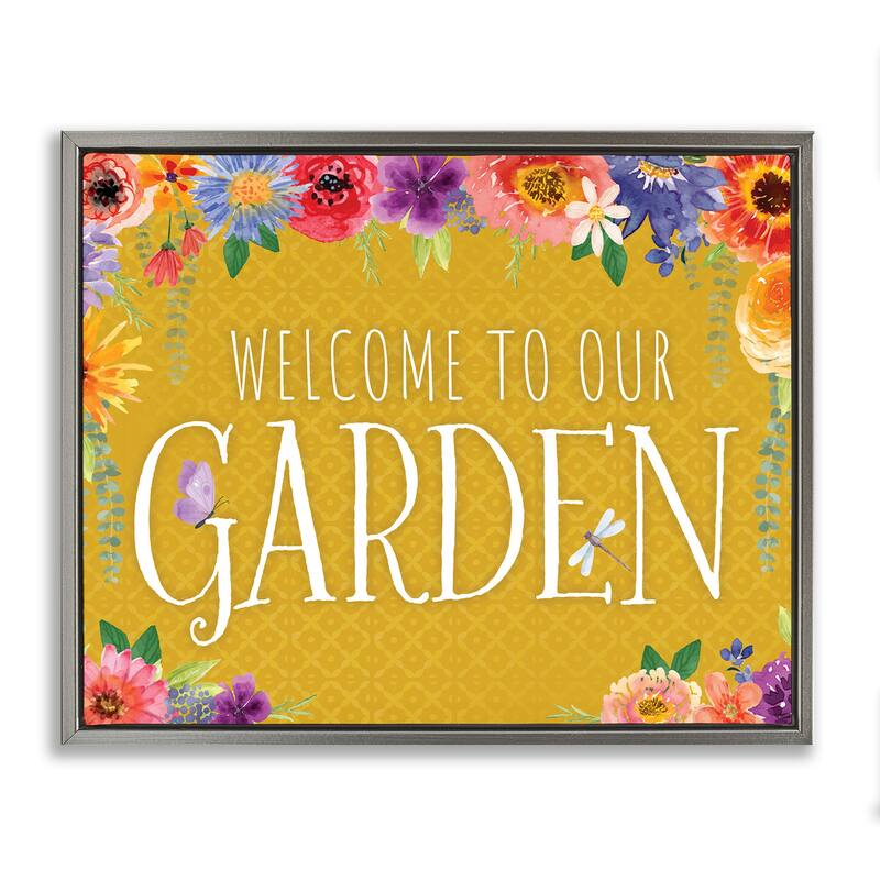 Stupell Garden Welcome with Floral Border Framed Floater Canvas Wall Art Design By Nicole DeCamp - 31 x 25 - Grey