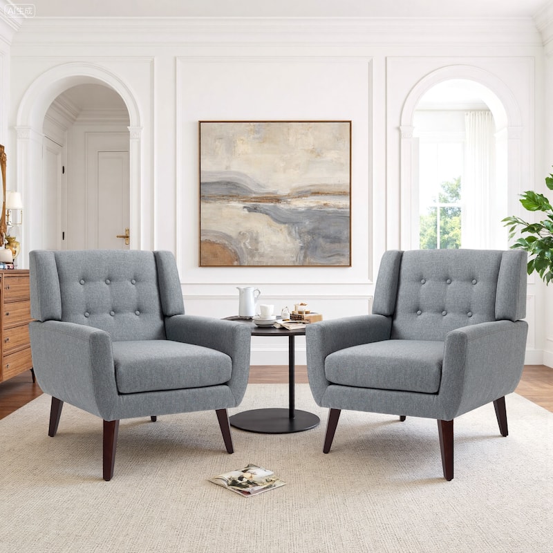 2 Set Modern Tufted Linen Upholstered Accent Chair Faux Leather Armchair