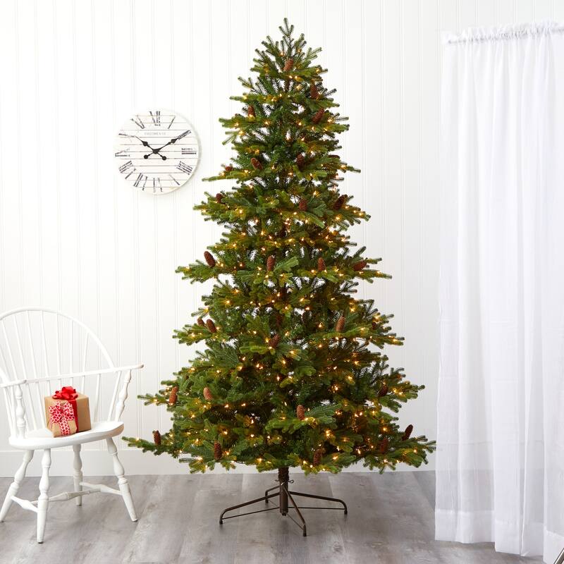 7.5ft. Fir Artificial Christmas Tree with 600 Clear Lights, Pine Cones & 1740 Branches - Lush Holiday X-Mas Centerpiece