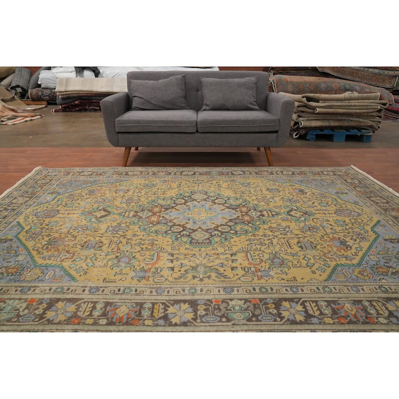 Hand Knotted Oriental 100% Wool Carpet Traditional Floral Yellow & Gold Tabriz Area Rug - 9' 4'' X 6' 5''