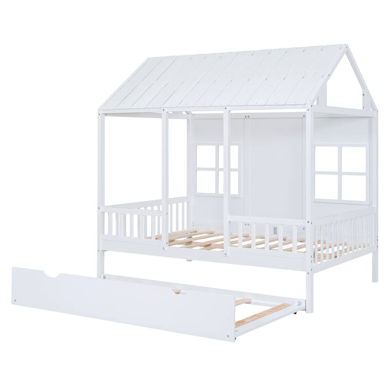 House Platform Bed With Twin Trundle, Wooden Daybed Frame with Rails, Roof and Windows, for Kids Girls Boys