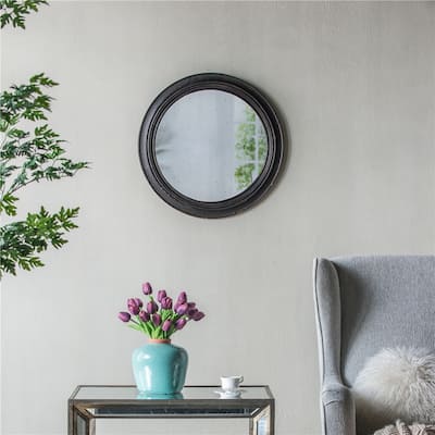 Circle Wall Mirror w/Wooden Black Frame, Antique Classic Accent Mirror