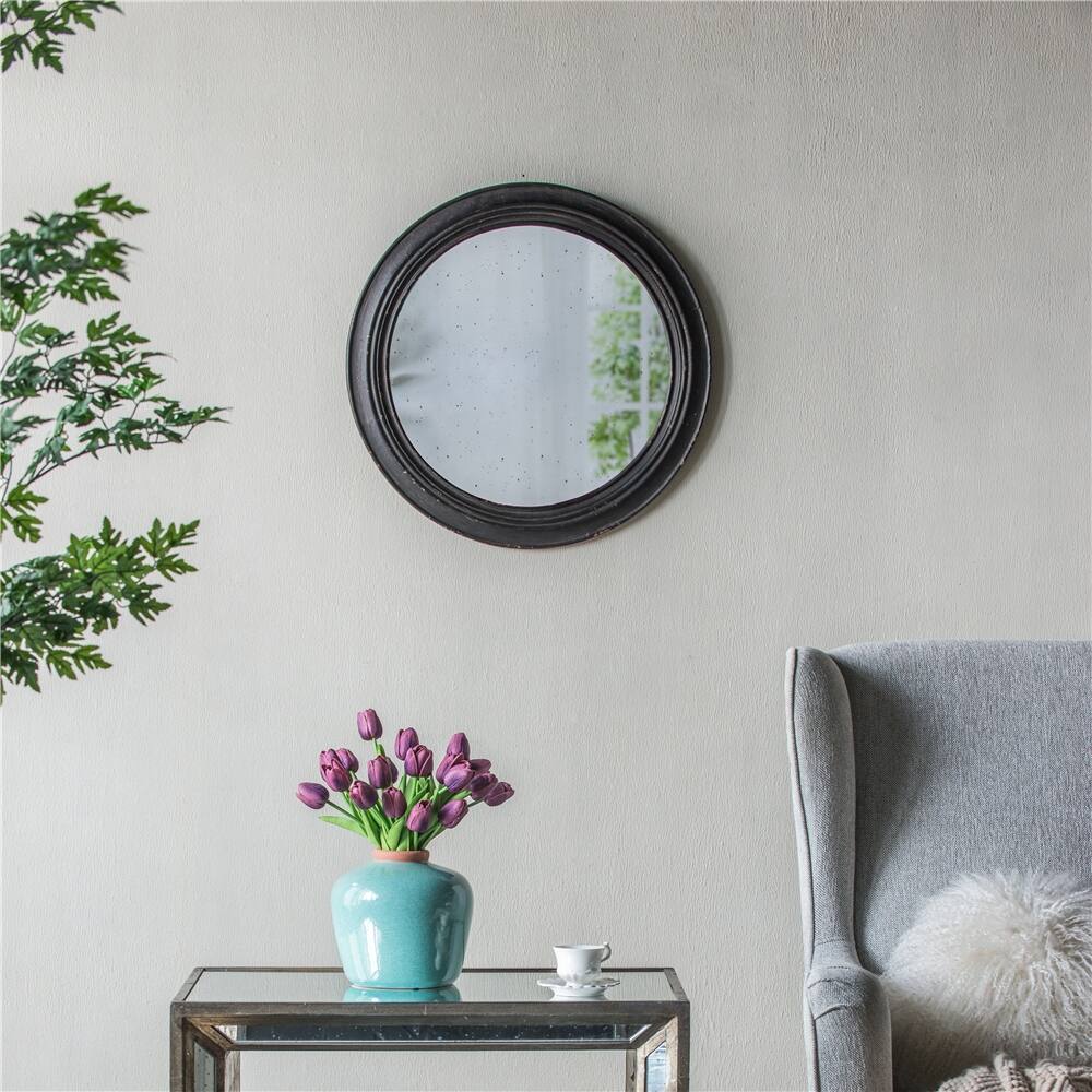 Circle Wall Mirror w/Wooden Black Frame, Antique Classic Accent Mirror
