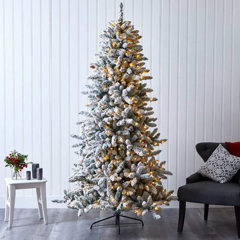 7.5Ft Artificial Christmas Tree with Lights & Pine Cones - Holiday Decor, Festive Tree, Living Room Tree - White - 84