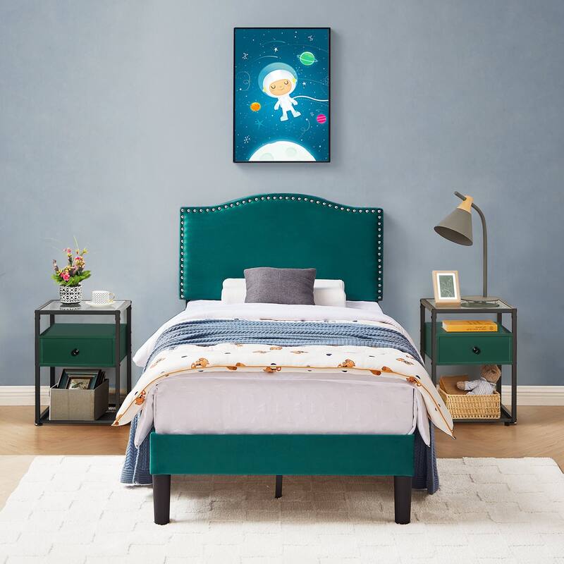 VECELO, Five Colors, 3-Pieces Upholstered Platform Bed Frame with Adjustable Headboard and Nightstands Set of 2