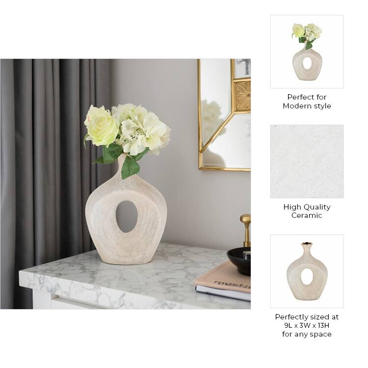 Modern Ceramic Textured Oval Cut-Out Vase - Home Decor - 13"