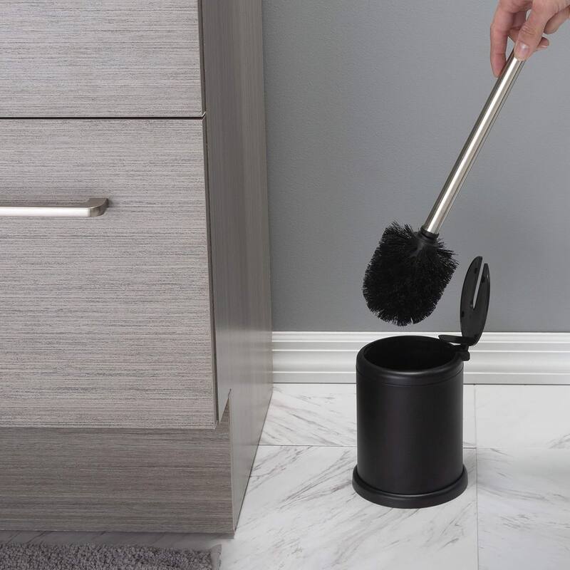 Black Toilet Brush Set with Stainless Steel Handle, Folding Lid and Removable Insert - 15 inches H x 4.8" Diam