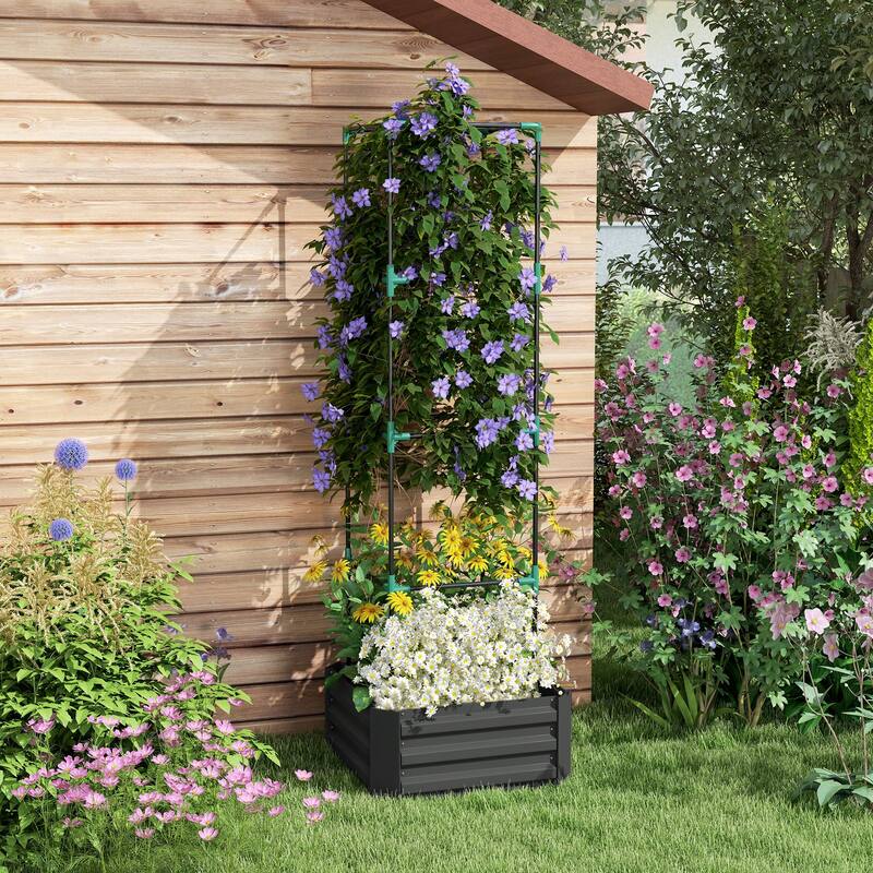 Raised Garden Bed with Adjustable Trelli for Vegetables Climbing Plant - Gray