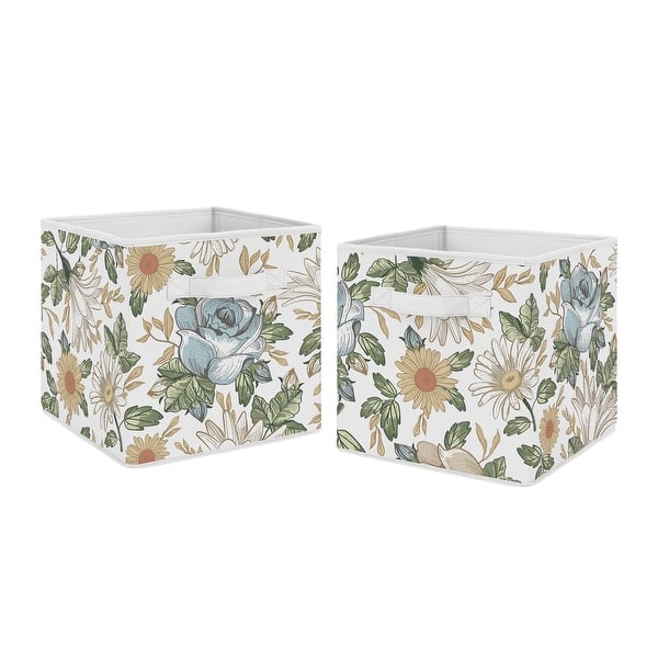 slide 2 of 4, Vintage Floral Blue Yellow Foldable Fabric Storage Bins Green Gold Orange Taupe White Shabby Chic Rose Flower Boho Bohemian