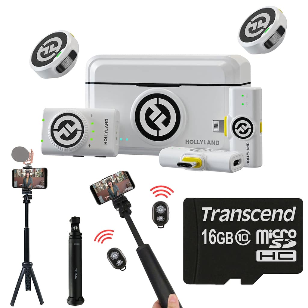 Hollyland LARK M2 DUO 2-Person Wireless Combo Microphone System (Ivory White) + 13" Foldable Pocket Tripod + 16GB MicroSD Card
