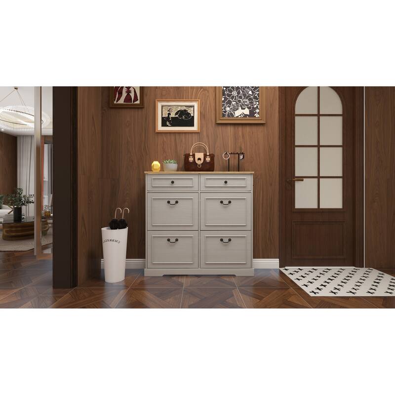 Slim Shoe Cabinet with 2 Drawers & 4 Flip Drawers, Shoe Rack with Adjustable Shelf, Freestanding Shoe Cabinet Organizer