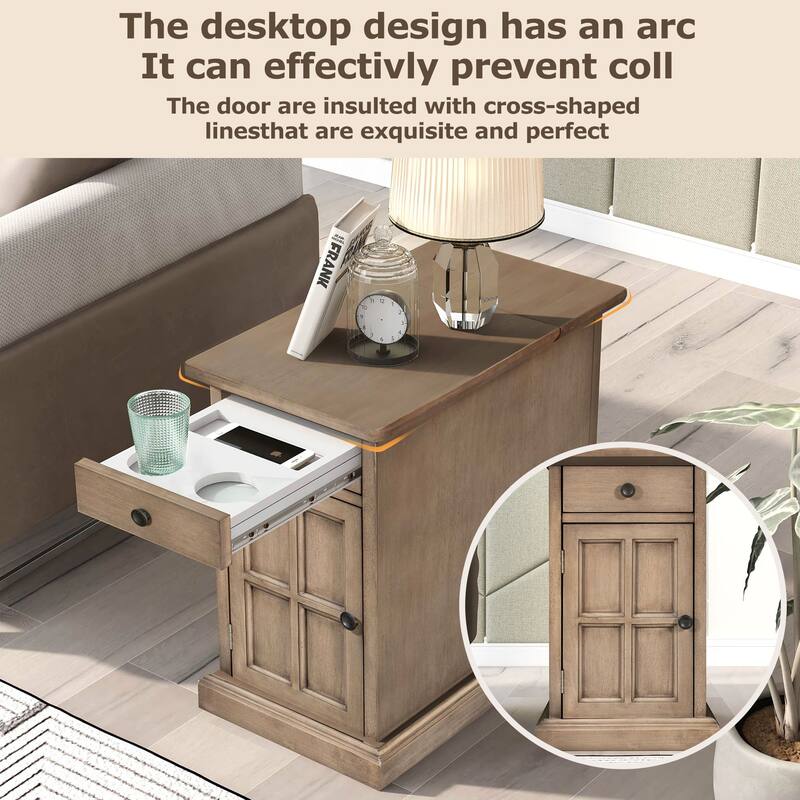 14" Vintage Rectangular Solid Wood End Table with USB Ports and One Multifunctional Drawer