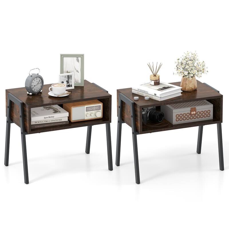 Gymax 2PCS Stackable End Table Night Stand Bedside Table Shelf Accent - 21'' x 14'' x 18'' - Brown - 21'' x 14'' x 18''