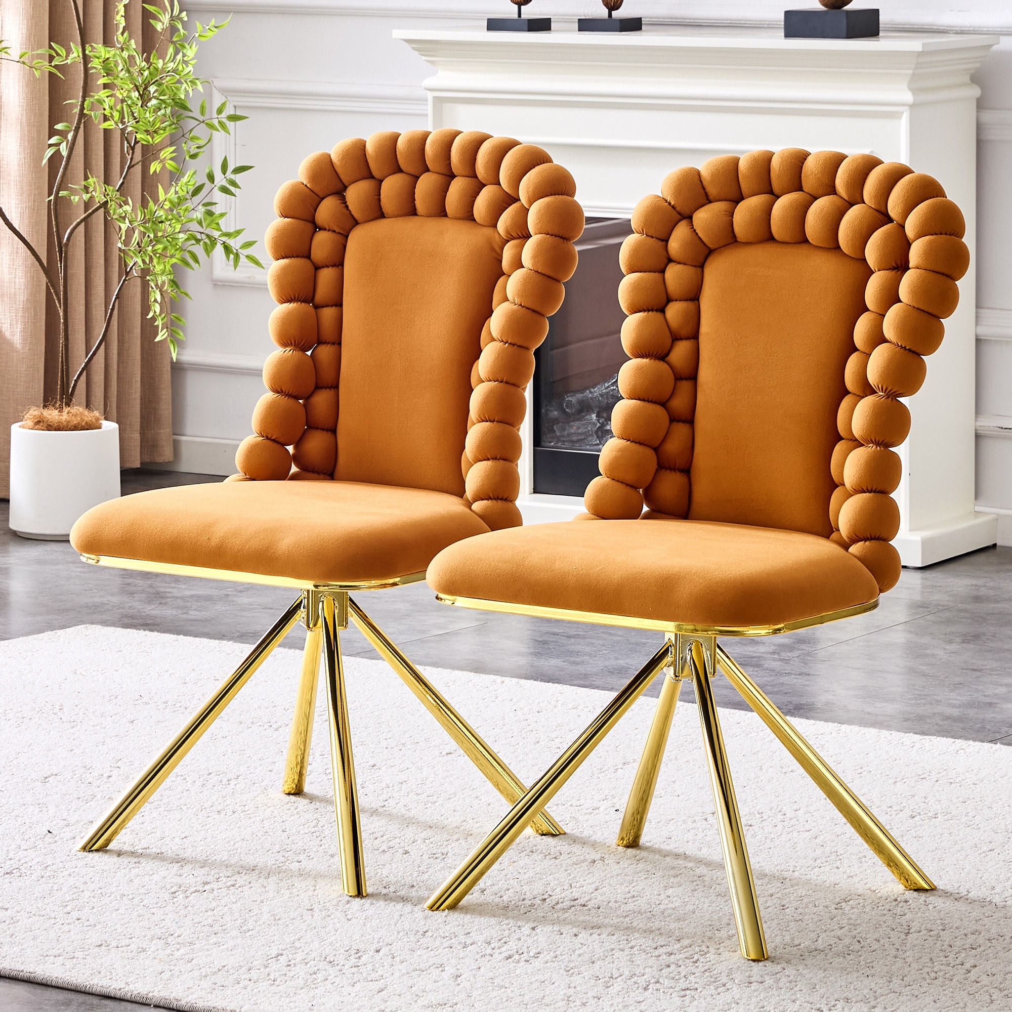 Set of 2 Orange Puffy Bubble Chair Ball Chain Chair Velvet Dining Chairs with Gold Legs, Modern Upholstered Accent Chairs