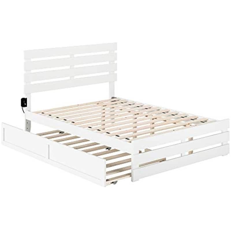 Full Bed with Trundle & USB Charger - Modern Comfort Platform Bed Frame, White