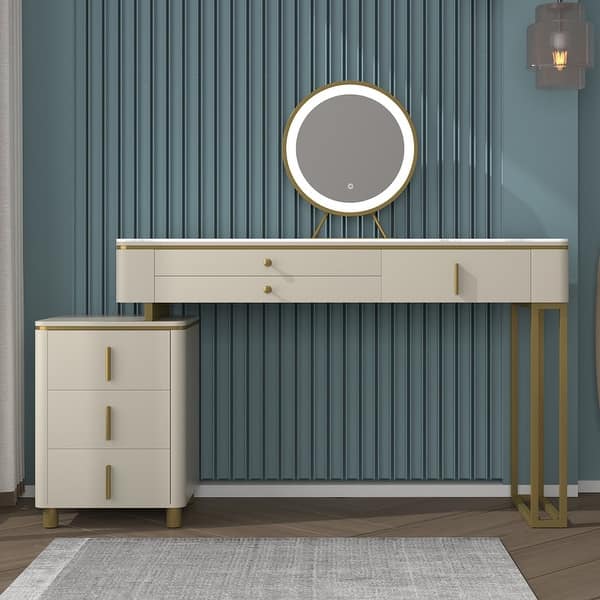 beige color dressing table JASIWAY Beige Makeup Vanity Set – Dressing Table with Mirror and Drawers main image 1