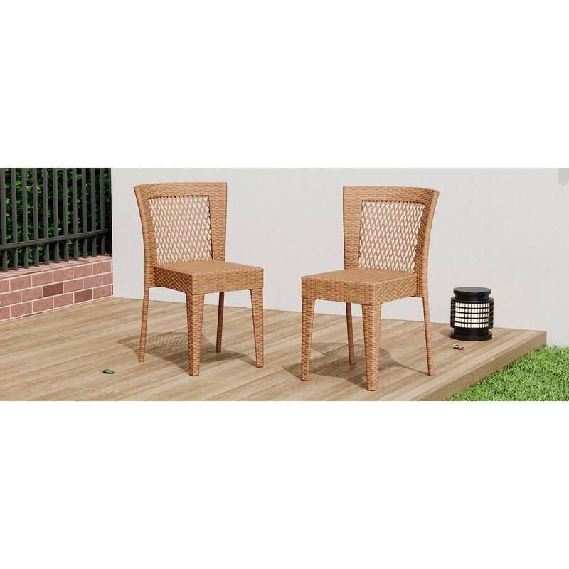 Roomfitters Set of 2 Stackable Outdoor Dining Chairs, Diamond-Mesh PE Wicker with Iron Frame