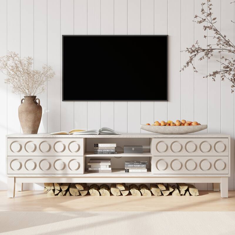 Modern Mid-Century TV Stand, for TVs Up to 75" with 4 Drawers and Cable Management, for Living Room and Office, White