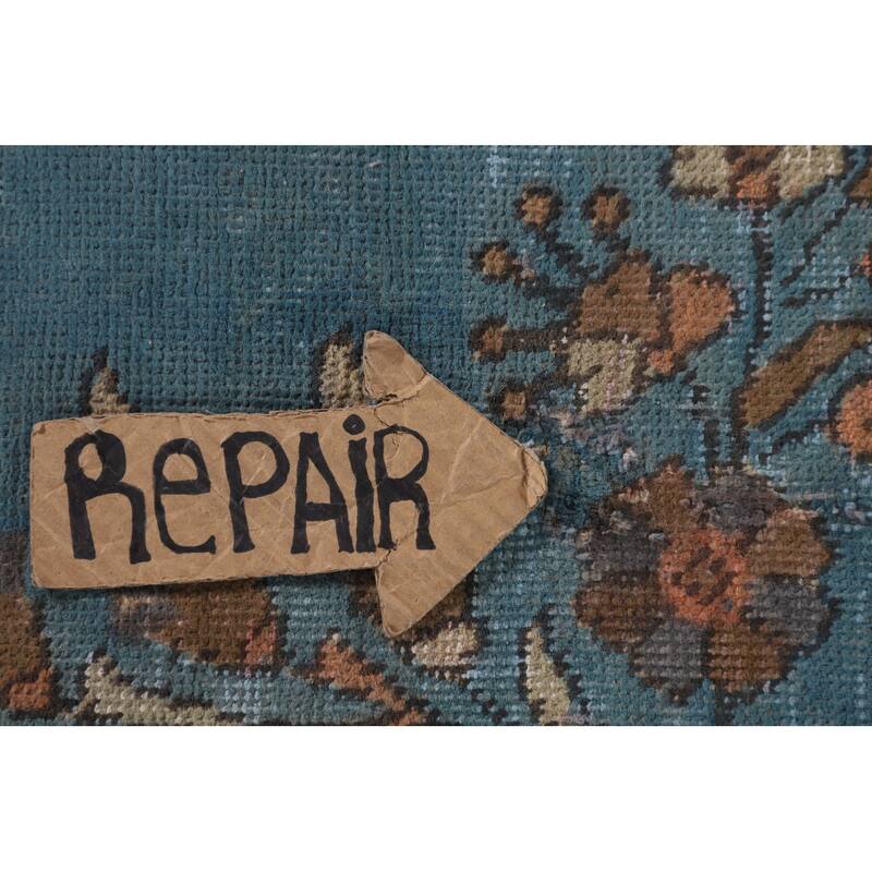 Over Dyed Tabriz Persian Vintage Rug Handmade Blue Wool Carpet - 9'10"x 12'11"