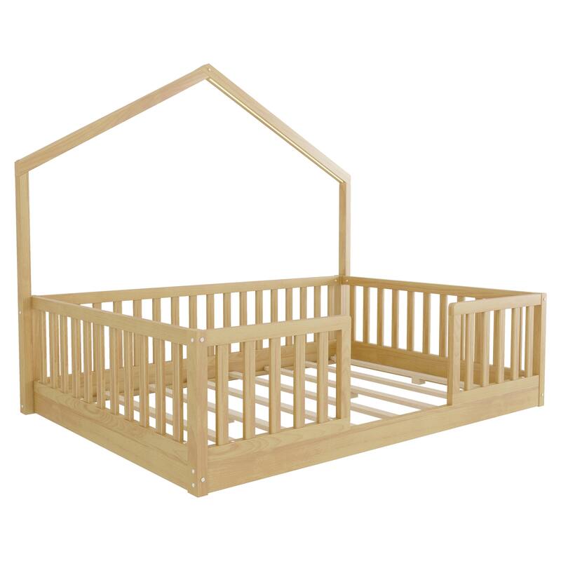 Wooden Floor Bed House-shaped Frame, Montessori Floor Bed with Light and High Rails, Wood Slat Support Floor Daybed