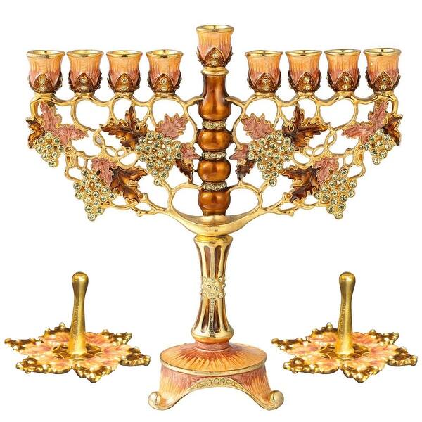 Matashi Hand Painted Blue And Ivory Flower Menorah Candelabra, W/ Gold