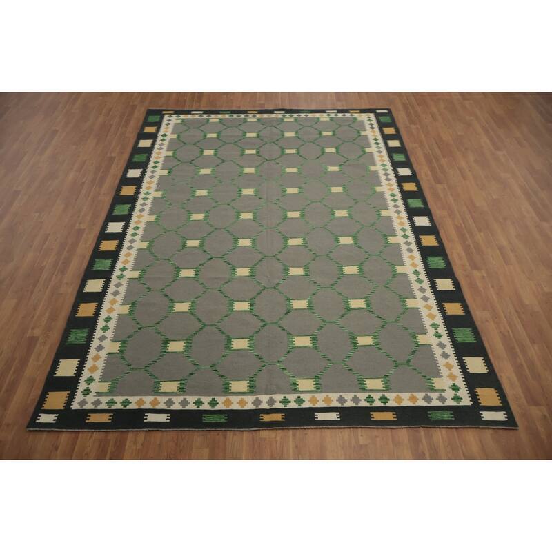 Hand Woven Oriental 100% Wool Carpet Southwestern Modern Greys & Charcoal Kilim Area Rug - 11' 5'' X 8' 4''