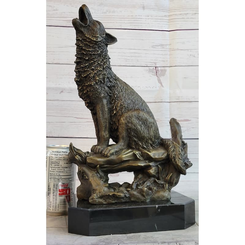 Lost Wax Bronze Casting Of Howling Wolf On Marble Base By Milo