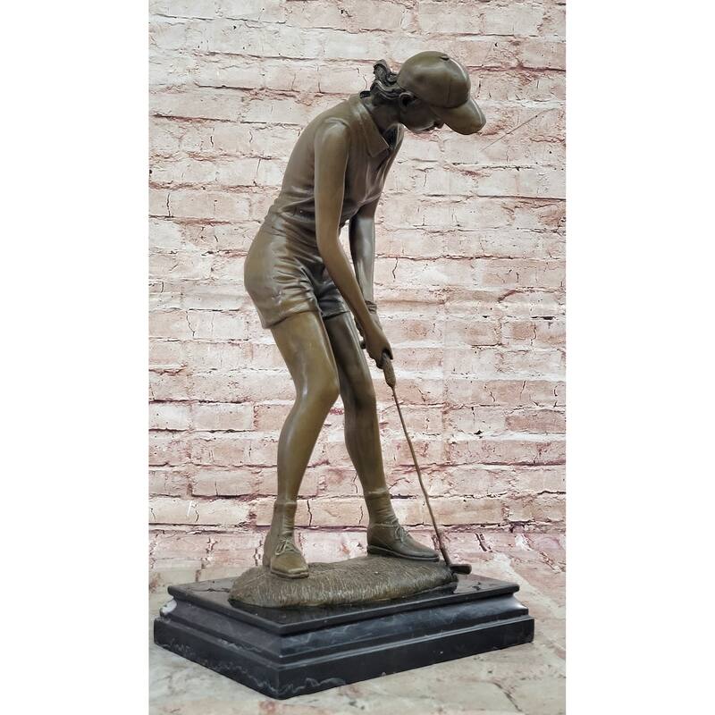 Bronze Female Golfer Sculpture – Lady Putting Golf Statue On Marble Base