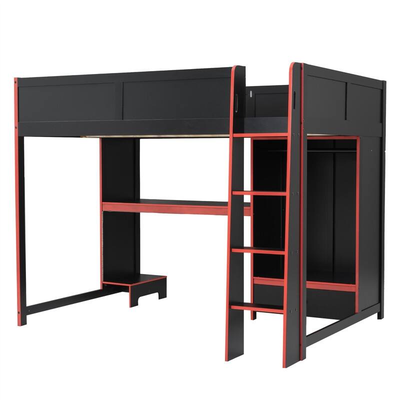 Solid Wood Gaming Loft Bed with Bulit-in Desk and Wardrobe, Twin/Full Size Loft Bedframe with LED Light and 1 Storage Drawer