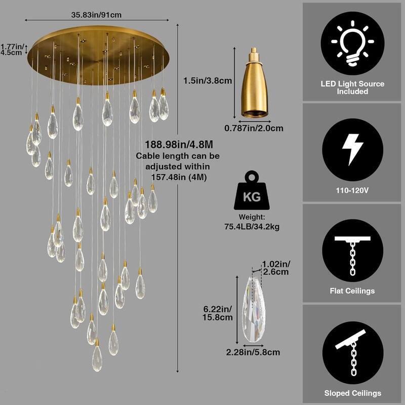 KAYLA 45in Long Crystal Chandelier 43-Lights Gold Large Spiral Staircase Chandeliers