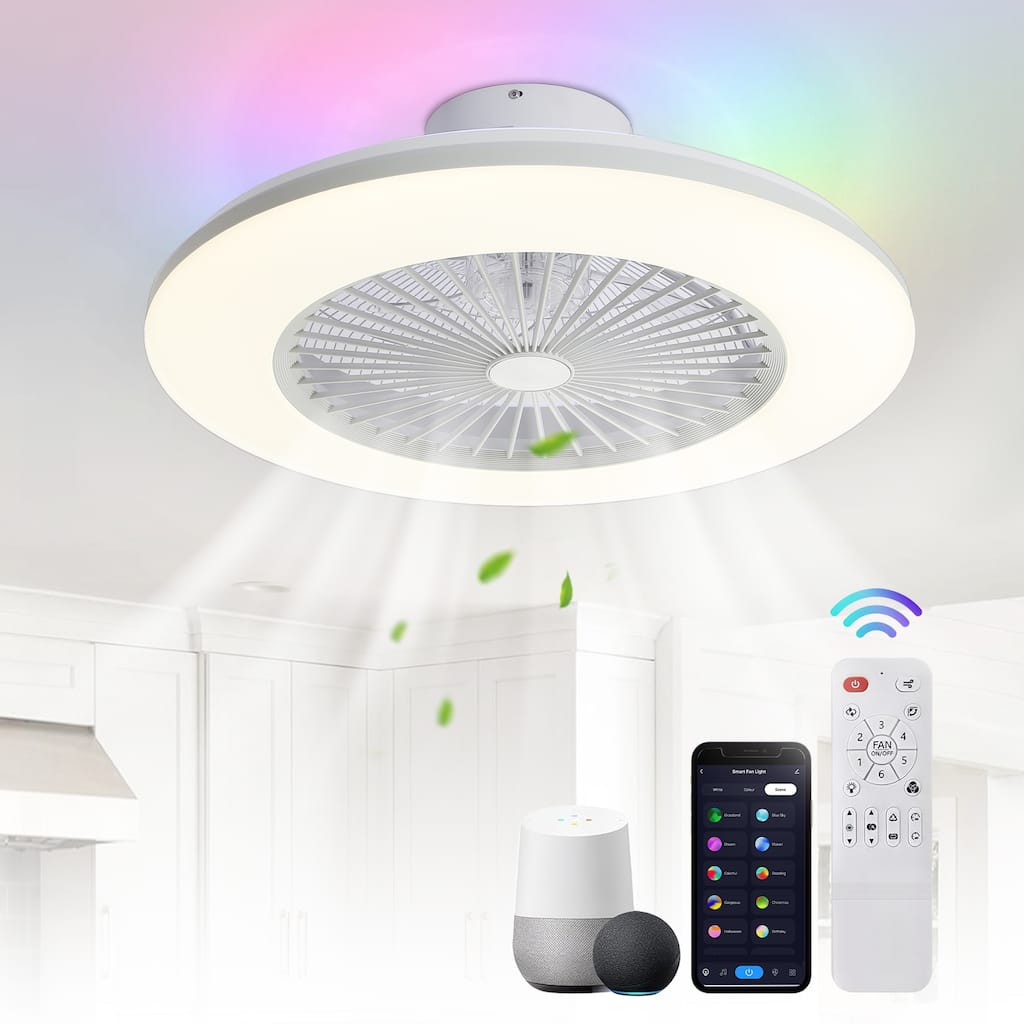 22" White Enclosed Low Profile Caged Smart LED Ceiling Fan Works with Alexa/Google/APP