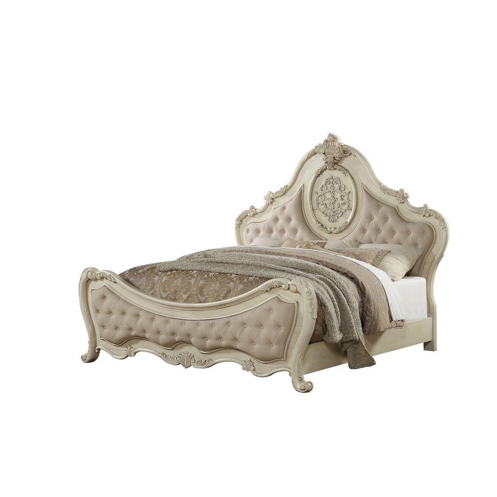Versaille Beige and Antique White Button Tufted Queen Bed