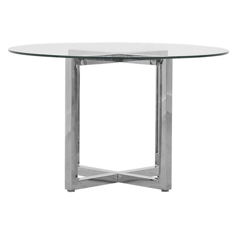 Eun 48 Inch Round Dining Table with Clear Glass Top, Cross Base, Chrome