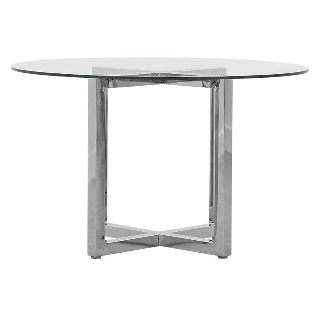 Eun 48 Inch Round Dining Table with Clear Glass Top, Cross Base, Chrome