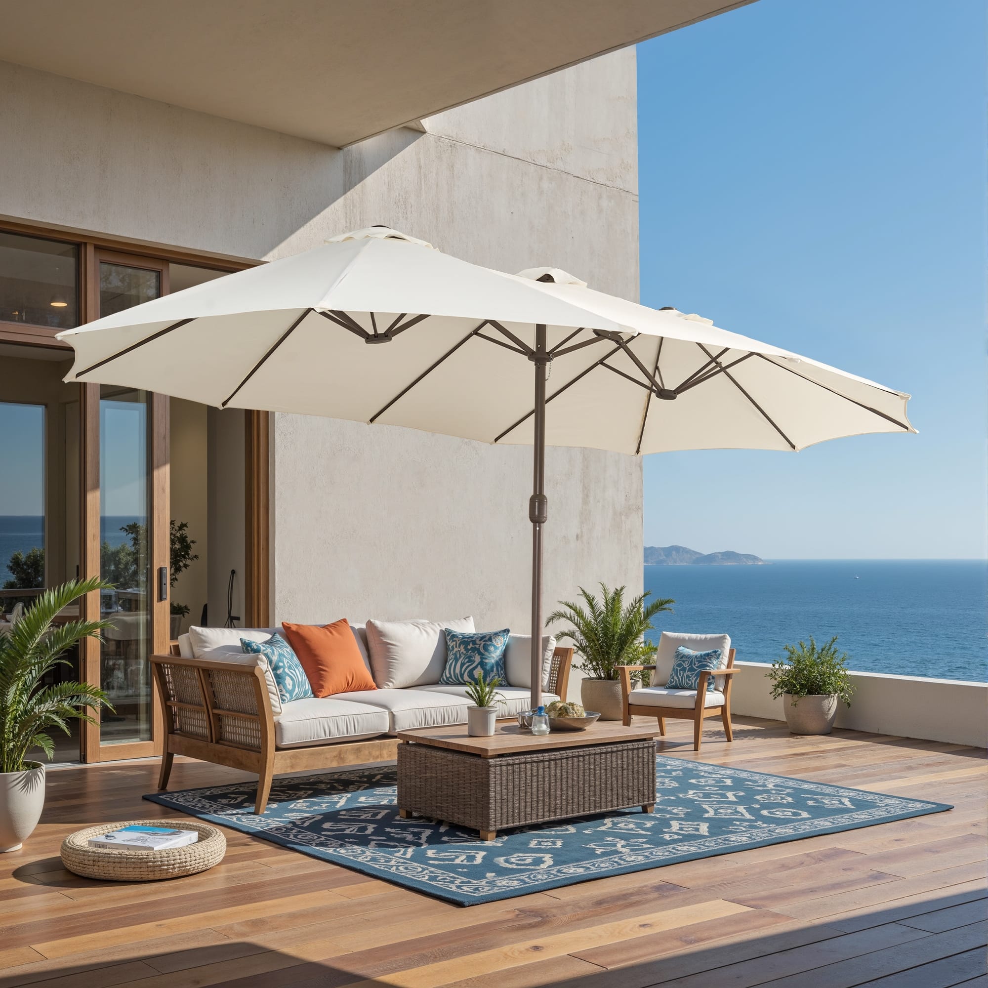 double patio umbrella 15 ft Outdoor Double-Sided with 48 Solar LED Lights and Umbrella Base Orange sided design also matches your desk and chair and provides more shade area OVIOS LED Patio Umbrella -