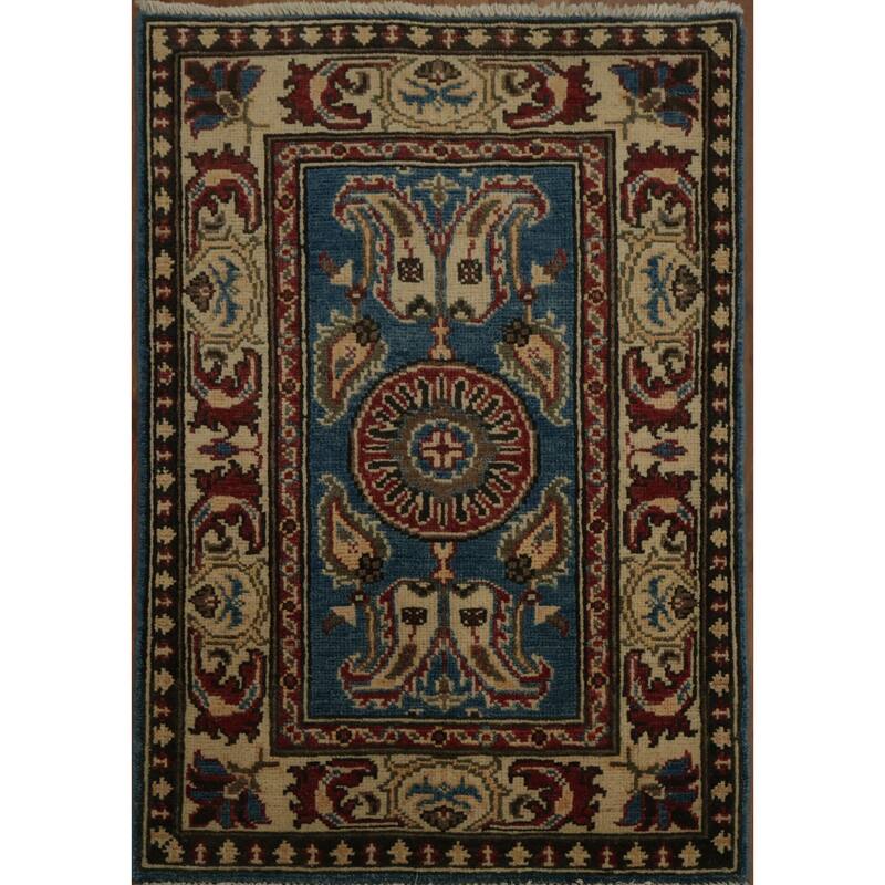 Hand Knotted Oriental 100% Wool Carpet Traditional Geometric Navy Blue & Blues Kazak Area Rug - 3' 0'' X 2' 1''