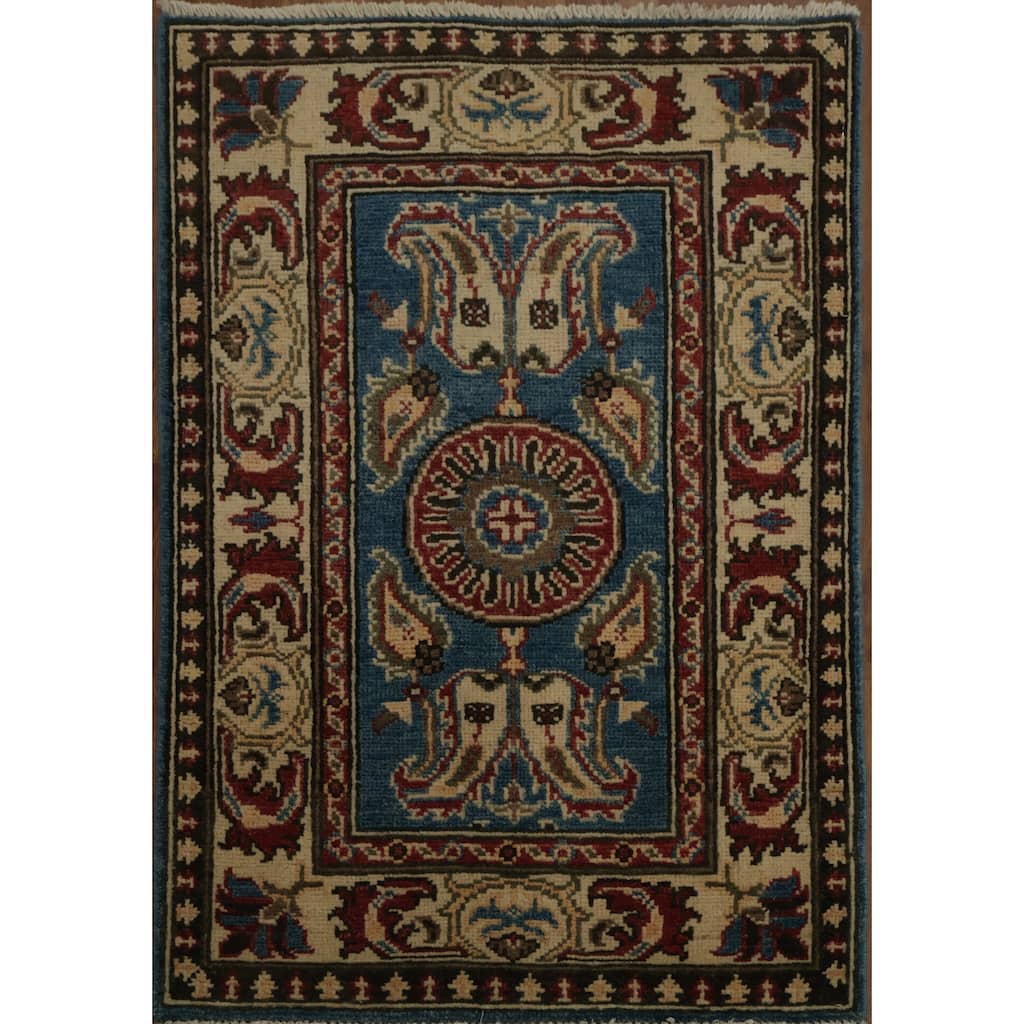Hand Knotted Oriental 100% Wool Carpet Traditional Geometric Navy Blue & Blues Kazak Area Rug - 3' 0'' X 2' 1''