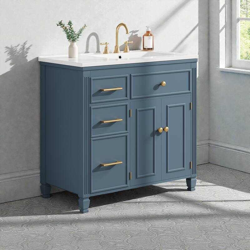 36 Inch Bathroom Vanity with Ceramic Sink, Freestanding Cabinet with Tip-Out Drawer, Side Drawers and Adjustable Shelf - Gray Blue