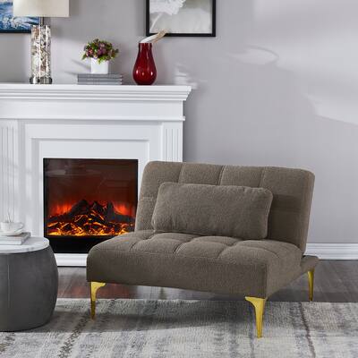 Convertible Futon Sofa Bed with Gold Metal Legs and Throw Pillow, Teddy Fabric