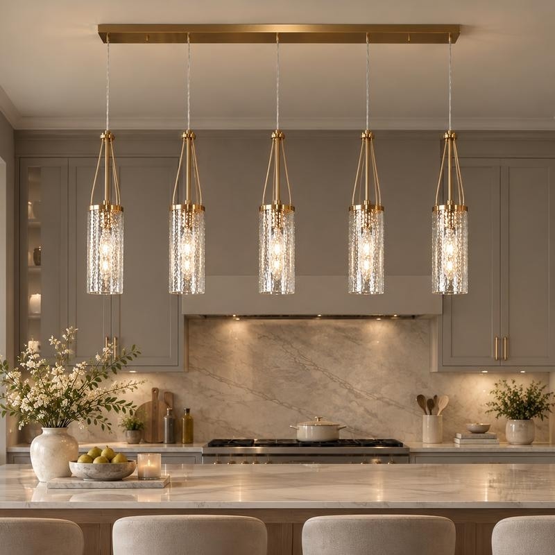 LALUZ Modern Glam 5-Light Adjustable Wire Island Linear Brass Dining Chandelier with Textured Glass - L41.3" x H82.2" Max