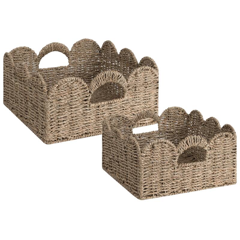 StorageWorks 2-pack Scalloped Edge Wicker Storage Baskets with Built-in Handles - Square Set - Seagrass