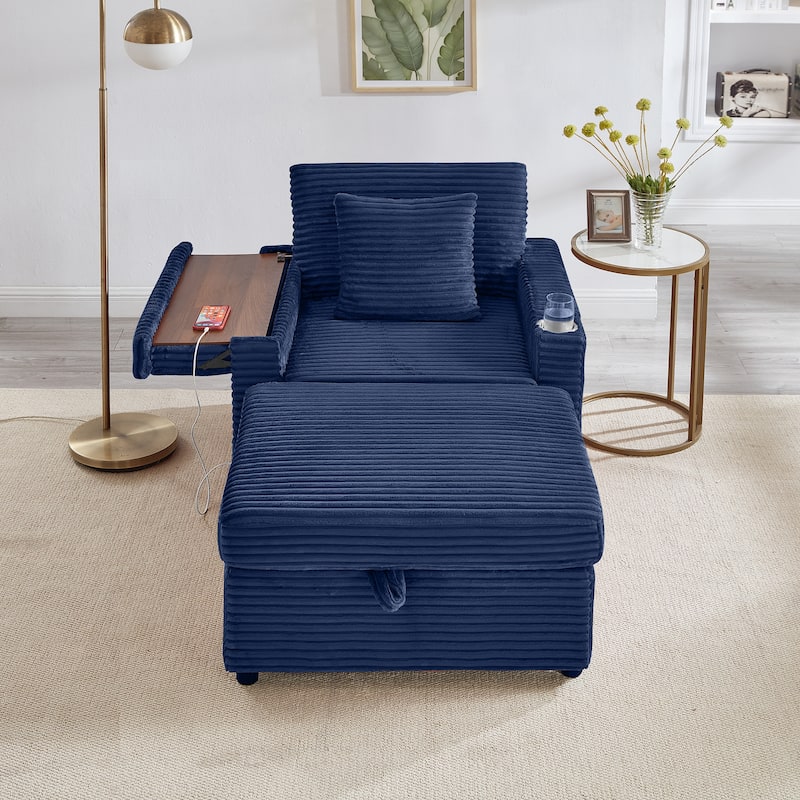 Fluffy Corduroy Lazy Sofa Chaise Lounge with Accent Chair, Storage Ottoman, Folding Table Board, Cup Holder and USB