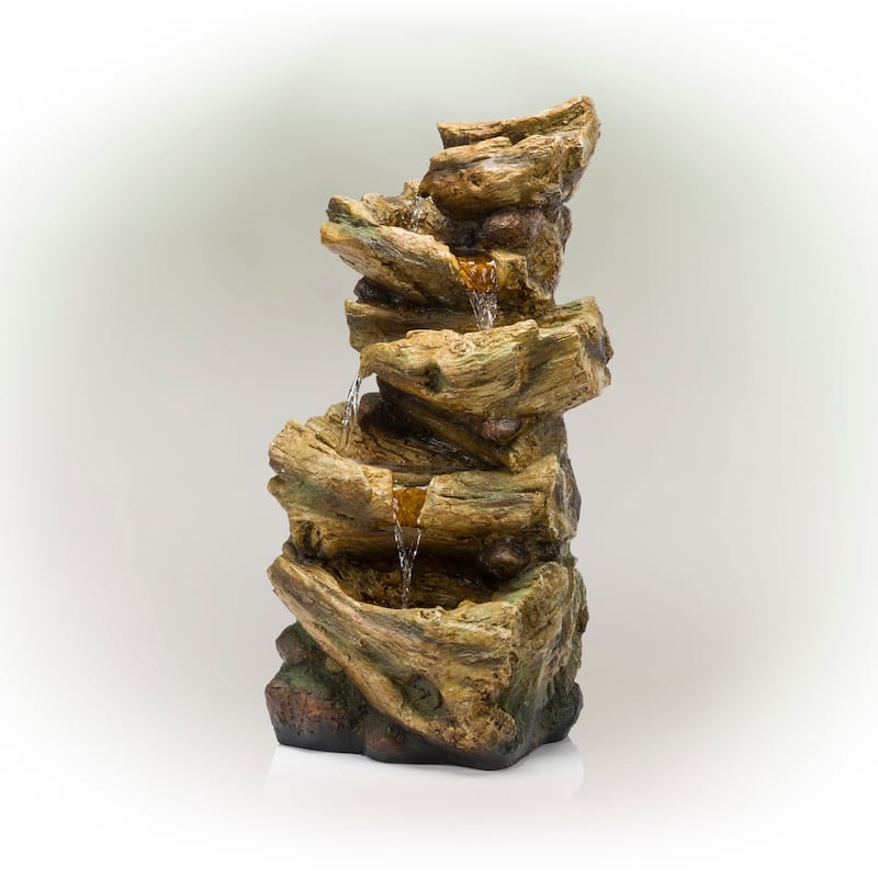 Alpine Corporation 24" Outdoor 4-Tier Log Fountain with LED Lights, Cascading Tree Trunk Feature for Garden, Rustic, Brown