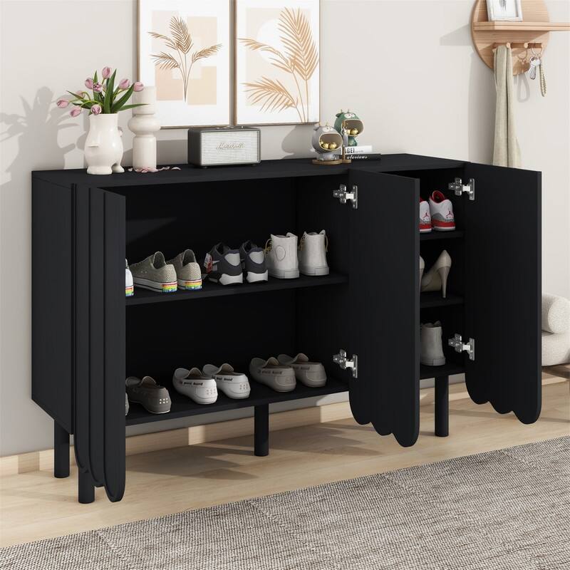 Modern Shoe Cabinet with Adjustable Shelves, Accent Storage Cabinet with Wave Doors, Sideboard Buffet Cabinet with Wood Legs - Black