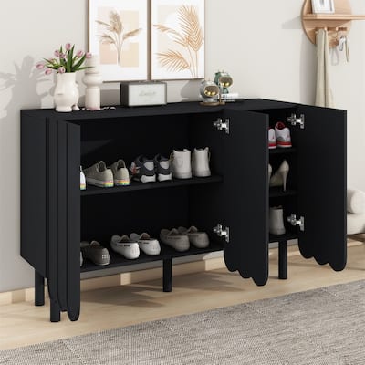 Modern Shoe Cabinet with Adjustable Shelves, Accent Storage Cabinet with Wave Doors, Sideboard Buffet Cabinet with Wood Legs