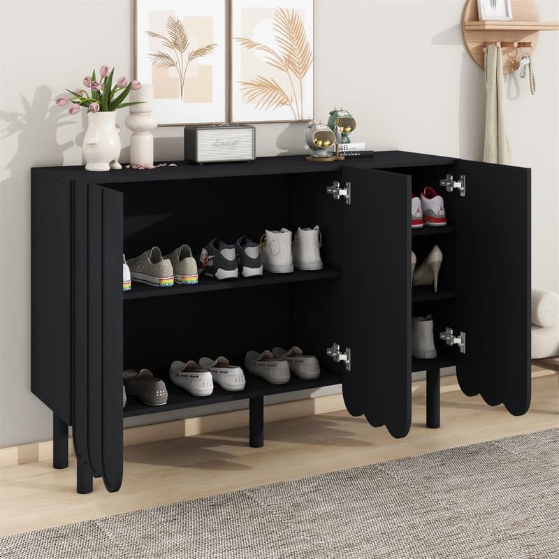 Modern Shoe Cabinet with Adjustable Shelves, Accent Storage Cabinet with Wave Doors, Sideboard Buffet Cabinet with Wood Legs