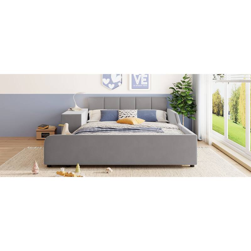Roomfitters Full/Queen Size Upholstered Grounded Platform Bed with Bedside Desk and Round Stool, Velvet Fabric Bed Frame