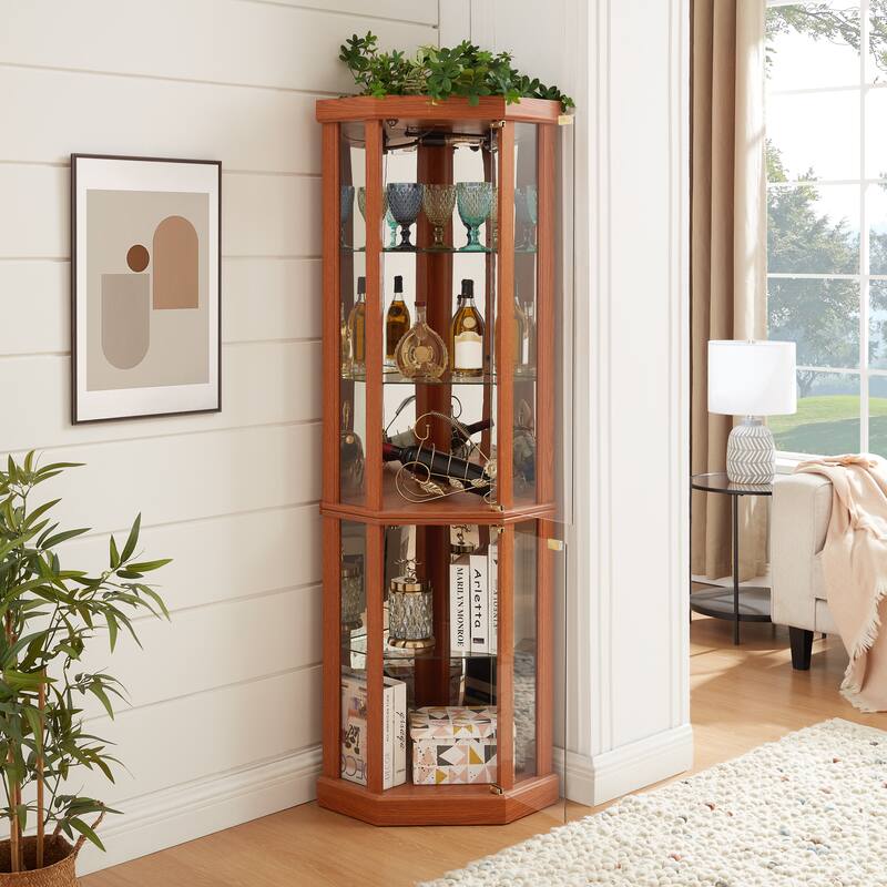 Lighted Corner Curio Cabinet, Elegant Glass Display Case for Living Room & Bar Storage