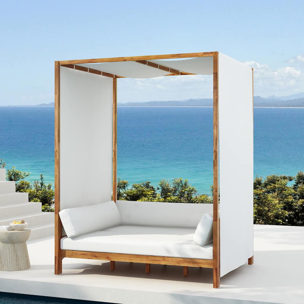 Scott Living Outdoor Acacia Wood Daybed with Canopy and Curtains, Washable Cushions and Detachable Pillows